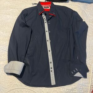 Stylish Navy Button-Up Shirt with Red Accents